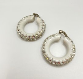 Vintage 1960s Lucite Pearl White Plastic Hoop Earrings With Rhinestones