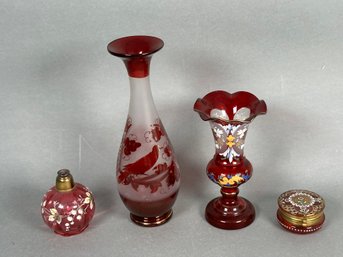 Vintage & Antique Hand Painted Ruby Red Glass Pieces