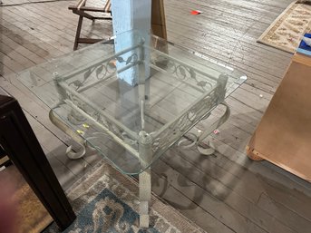 Beveled Glass Side Table With Heavy Metal Base