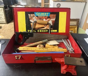 Gilbert Tool Chest Cast Iron Miniature, Measuring Scale, Hammer, Saw, Spin Cutter, Screw In A Metal Box. SH/A5