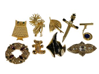 Lot Of 9 Various Vintage Gold Tone Brooches Figural Etc.