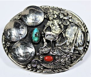 Large Southwestern Silver Over Pewter Buffalo Nickel Turquoise Coral Belt Buckle Gold Miners