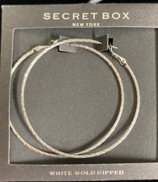 18K White Gold Dipped New Hoop Earrings By Secret Box New York Closed Round Shaped 2.25 Inches Across