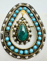 VINTAGE GOLD OVER STERLING SILVER EILAT STONE, FAUX PEARL AND TURQUOISE PENDANT OR BROOCH - AS-IS