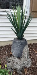 Garden Rabbit Sculpture And Faux Yucca In Planter