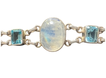 Beautiful Moonstone Bezel & Aquamarine Silver Double Link Bracelet