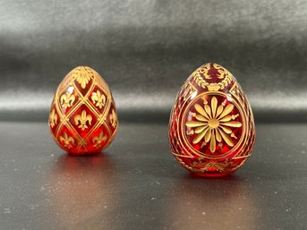 A Remarkable Pair Of Vintage Ruby Glass Eggs With Gilt Designs, Handcrafted In Russia