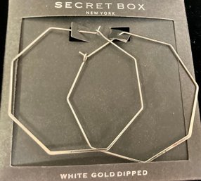 18K White Gold Dipped New Hoop Earrings By Secret Box New York Hexagon Shaped 2.25 Inches Across