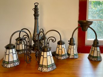 An Arts & Crafts Style - Five Arm Chandelier And Matching Ceiling Fixture