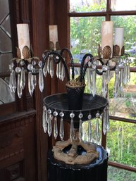 Very Nice Fruit Bowl / Centerpiece Lamp - Working Condition - Cast Iron And Crystals - Very Nice Piece !