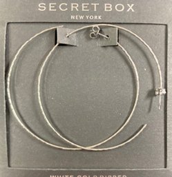 18K White Gold Dipped New Hoop Earrings By Secret Box New York Open Round Shaped 2.25 Inches Across