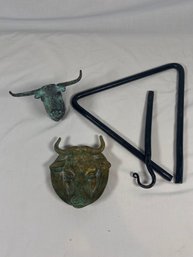Iron Triangle Dinner Bell, Brass Bull Towel Hook And Trinket Dish