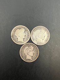 3 Silver Barber Dimes 1902-O, 1908-D, 1909-O