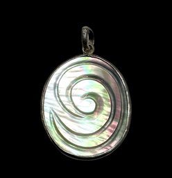 Vintage Sterling Silver Mother Of Pearl Color Large Flat Swirl Pendant