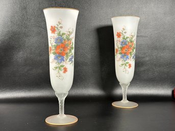 A Pair Of Tall Footed Vases In Frosted Glass With A Floral Bouquet Motif