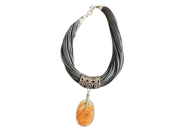 Multi-strand Cord Collar Necklace With A Scrolled Silver Clip And Giant Bezel Set Jasper Stone