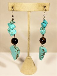 Large Genuine Turquoise And Cat's Eye Stone Pierced Southwestern Earrings