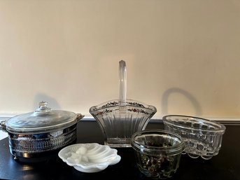 Glass Basket, Casserole, Bowl With Marbles And More