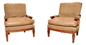 Pair Of Taupe Leather And Chenille Wood Arm Chairs 1 Of 2
