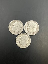 3 Silver Roosevelt Dimes 1951, 1951-D, 1951-S