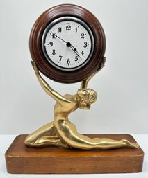 Vintage Art Deco Clock, Gilded Metal Figurine On Wood Base