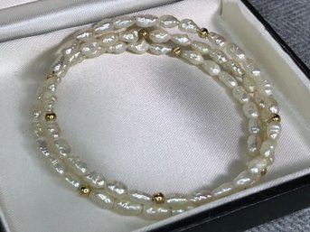 Lovely Vintage Genuine Cultured Rice Pearl Coil Bracelet & 14K Gold Beads  - Very Pretty Bracelet - Nice !