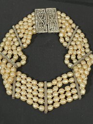 Vintage Five Strand Faux Pearl Choker Necklace With Cubic Zirconia Accnets  Hand Strung & Knotted