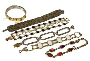 Lot Six Vintage Gold Tone And Crystal Glass Stone Bracelets