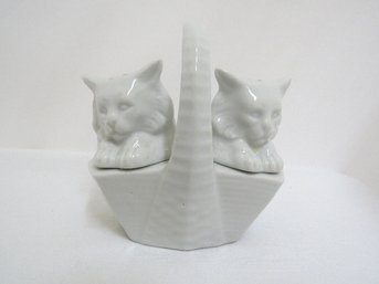 A Pair Of White Porcelain Cat In The Basket Salt And Peppers Shakers,  Chamart France