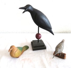 3 Carved Wood Birds Raven On Stand