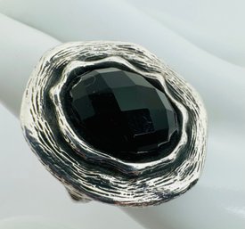 STERLING SILVER FACETED ONYX CHUNKY TEXTURED RING