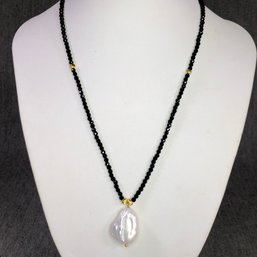 Incredible Genuine Natural Flat Pearl Pendant On Black Jet Bead Necklace - Just BEAUTIFUL Piece - WOW !