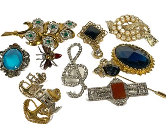 Lot 11 Costume Gold Tone Rhinestone Pearl Etc. Brooches Pins