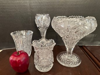 Collection Of 4 Vintage Cut Glass Vases And Compotes