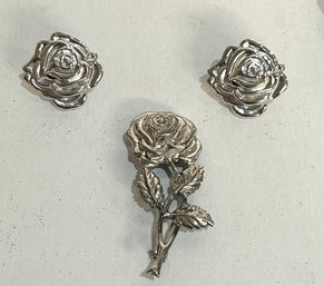Sterling Silver Rose Earrings & Brooch Set