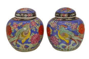 2 Asian Blue With Flowers Urns With Lids