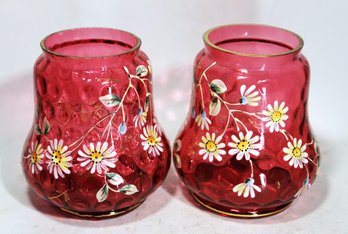 Pair Victorian Cranberry Glass Enamel Hand Painted Pickle Castor Inserts
