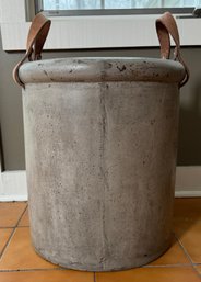 Speckled Cement Crock With Riveted Leather Strap Handles