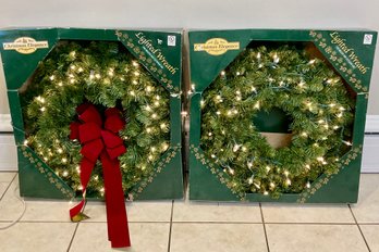 Pair Of Beautiful CHRISTMAS ELEGANCE Lighted Wreaths