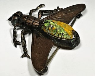 Interesting Art Nouveau Bug Brooch Having Art Glass Belly