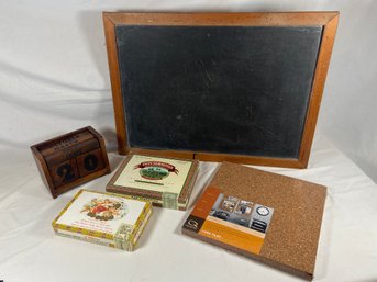 Wood Block Perpetual Calendar Vintage Style Blackboard Cork Tiles 2 Cigar Boxes