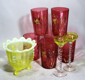 Lot Of Misc. Victorian Glassware Cranberry Tumblers, Cordials And Uranium Footed Bowl