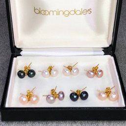 Set Of Eight Pairs Of Genuine Cultures Baroque  Pearls - Sterling Posts With 18KT Gold Overlay - Very Pretty !