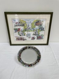 New Canaan Lot Limited Edition Collectors Plate And Framed Town Landmarks