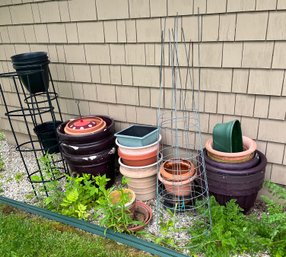 Large Lot Of Plastic Flower Pots, Tomato Plant Towers, Metal Pot Racks