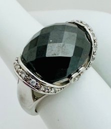 SIGNED FD STERLING SILVER FACETED CABOCHON BLACK GLASS AND WHITE STONE RING