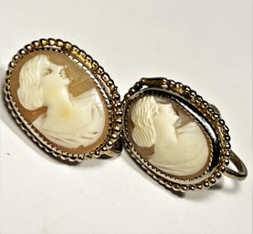 Pair Vintage Carved Shell Cameo Gold Tone Screw Back Earrings