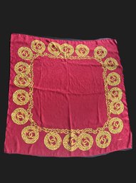 Red Chanel Silk Scarf With Gold Chain & Medallion Design