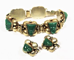 Vintage Mexican Silver (not Sterling) Carved Green Onyx Mask Bracelet & Earrings