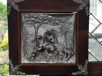 Antique Victorian Cast Metal Relief Plaque In Original Frame - Man On Horse - VERY HEAVY - Attic Fresh Piece !